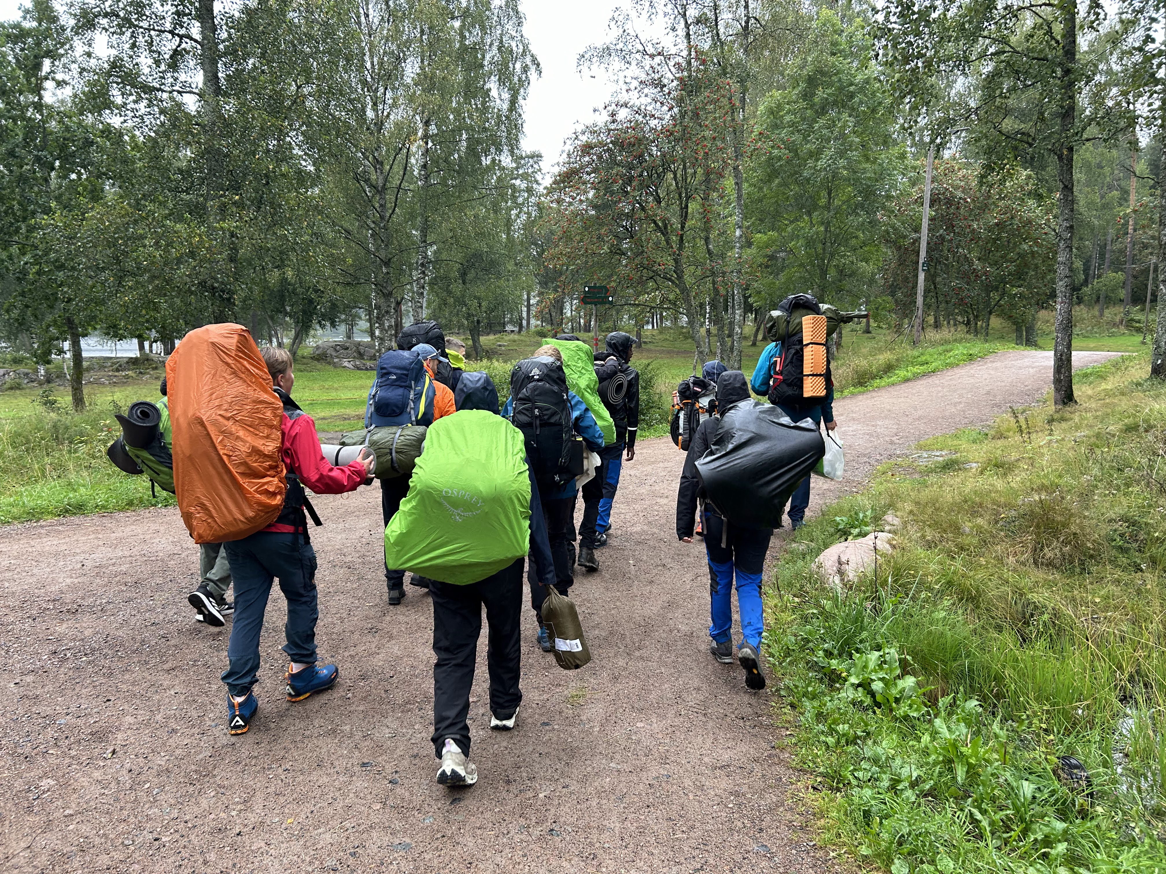 En gruppe mennesker som går på en sti i skogen