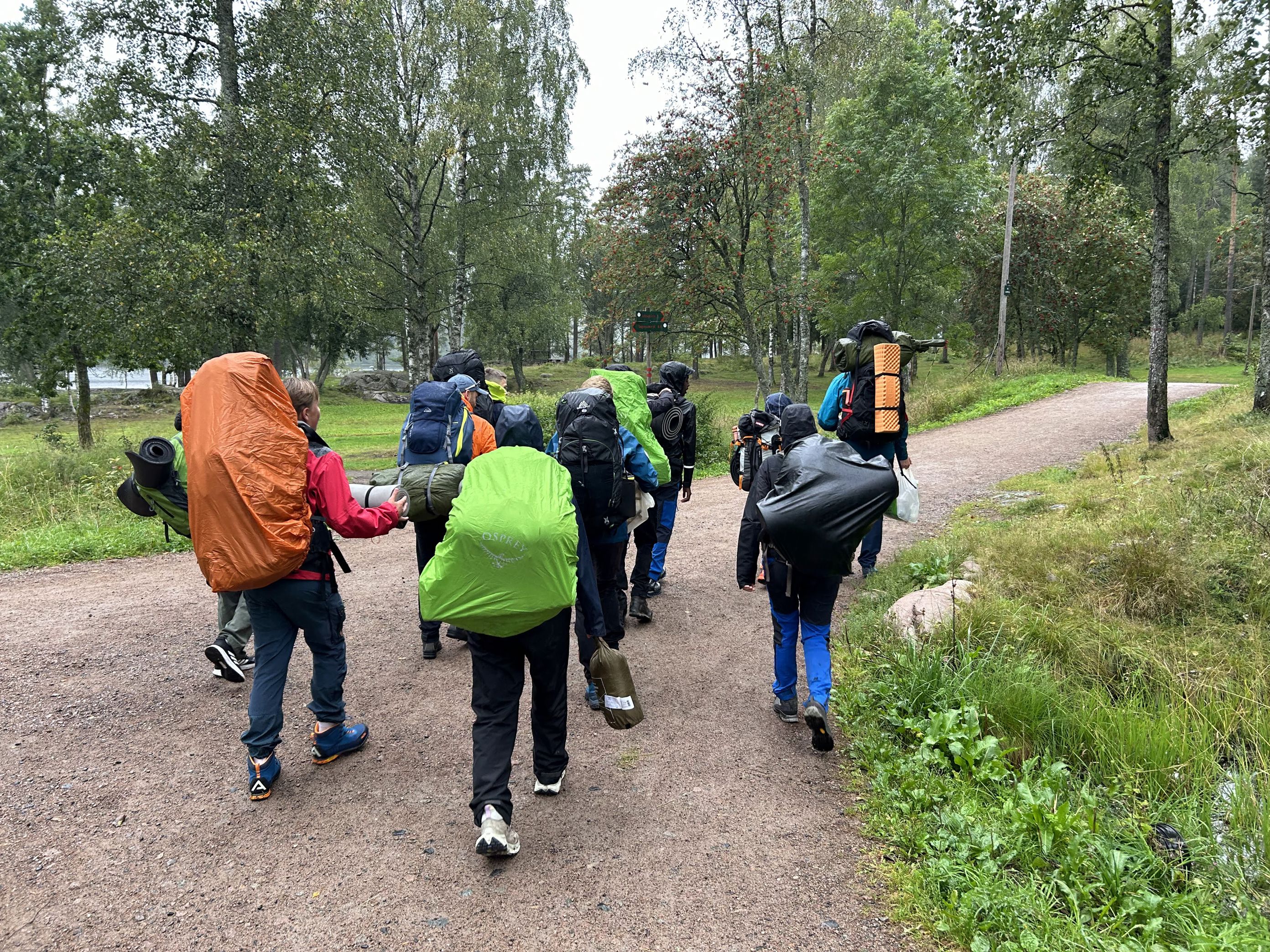 En gruppe mennesker som går på en sti i skogen En gruppe mennesker som går på en sti i skogen